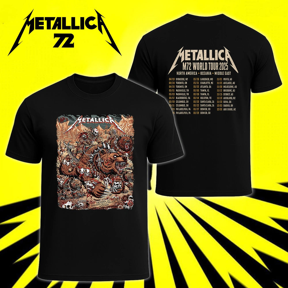 Metallica M72 World Tour June 27 2025 Empower Field At Mile High Denver Colorado United States 2 side T-shirt by Juan Ma Orozco featuring skull-faced warriors riding armored bears, skulls, bones, mountain scenery and M72 tour back print.